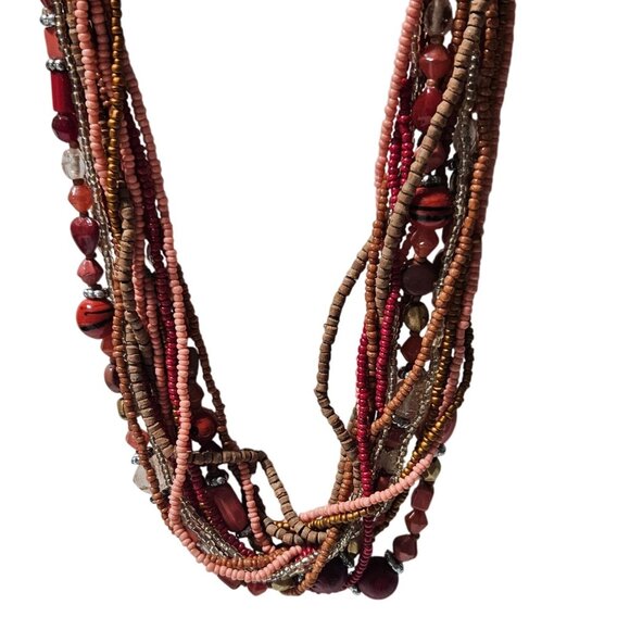 Chunky Seed Beaded Multistrand Necklace Mixed Media Statement Fashion Jewelry - Picture 1 of 6